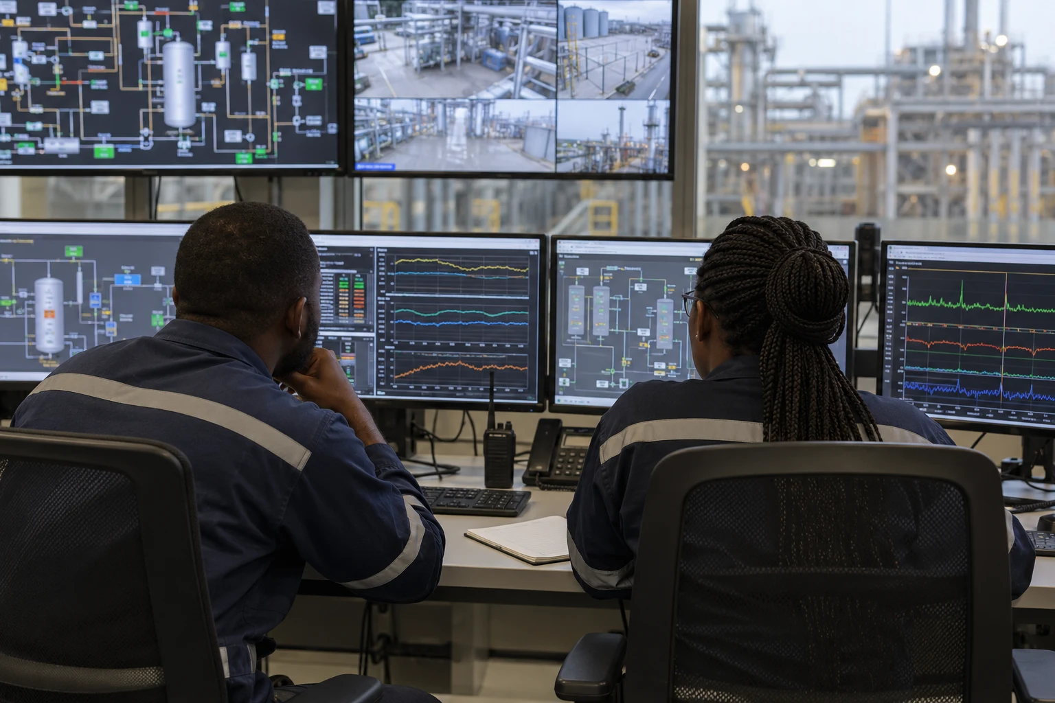 Operations engineers reviewing plant performance in a control room