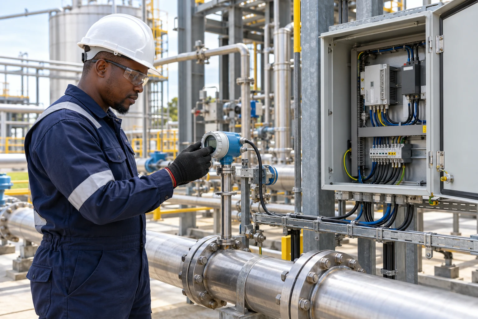Technician inspecting telemetry and industrial control equipment